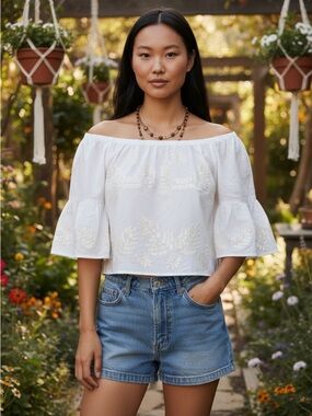 🚨SALE - Marc Cain cotton peasant blouse, M, sequins off shoulder, Soft Boho Vibe